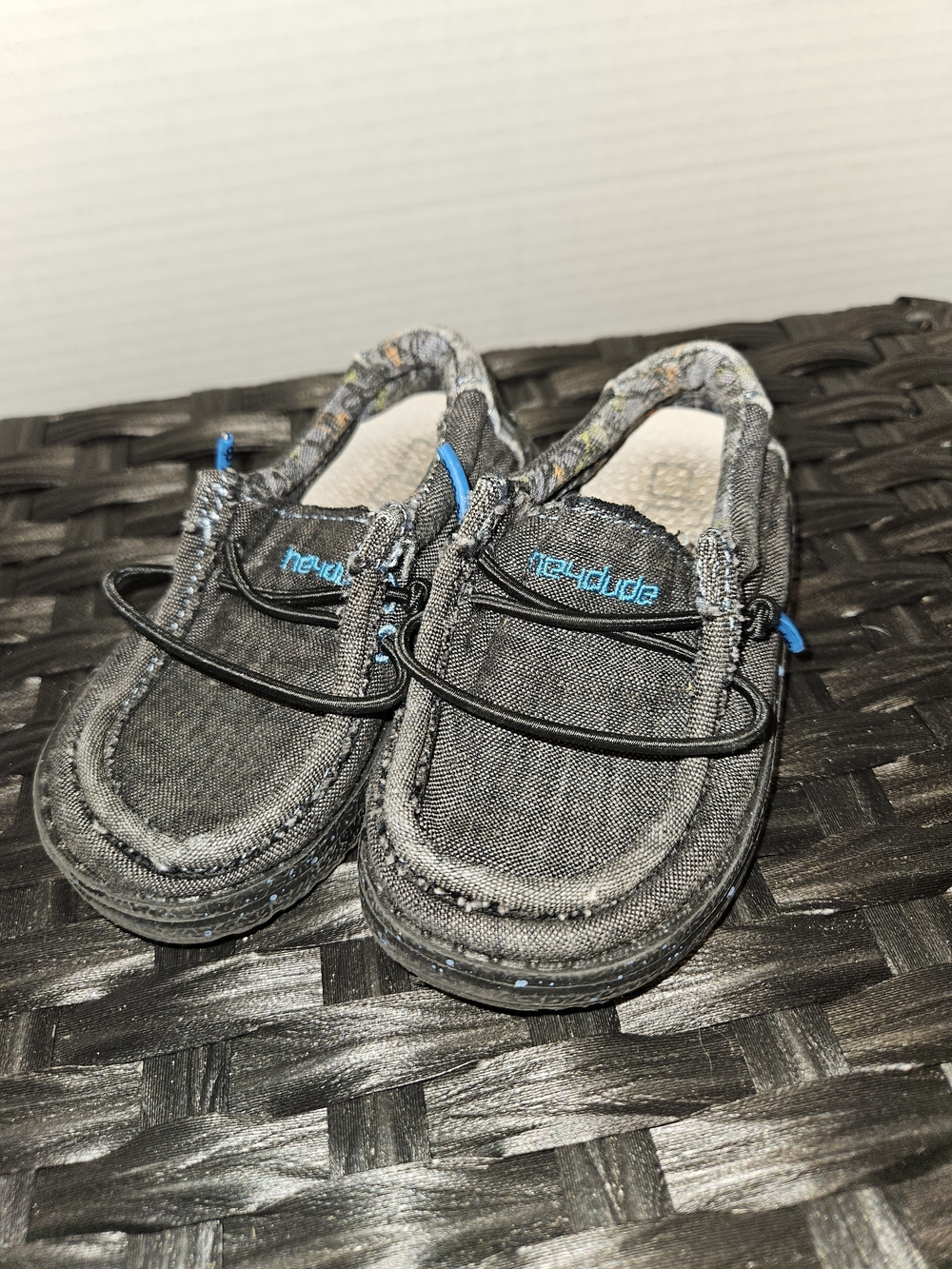 Hey Dude Kids Black Canvas Slip-On Moccasins with Blue Accents